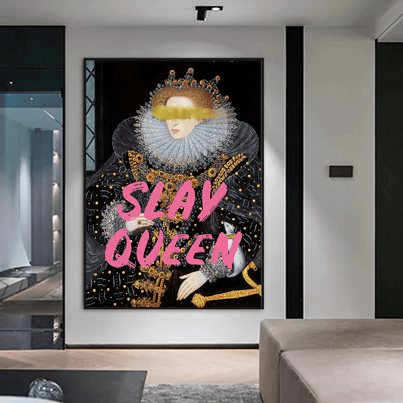 Pop portrait wall art, historical woman in an elaborate white ruff and dark garments with pink lettering and a gold eye band