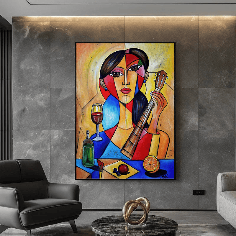 Cubist woman portrait wall art, vibrant abstract painting with a female musician holding a guitar and still life elements