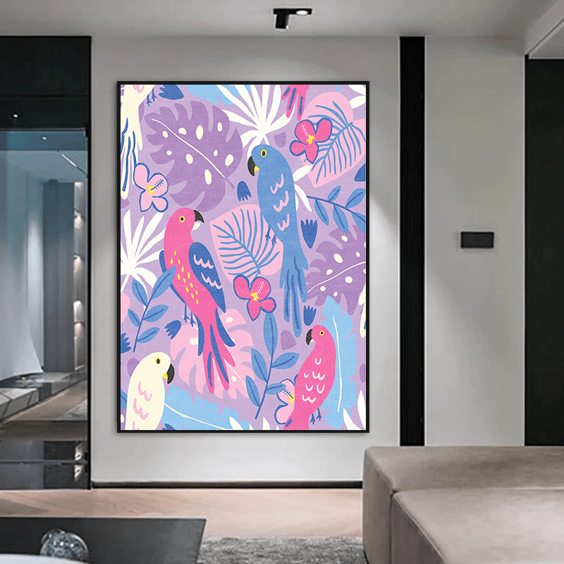 Botanical birds wall art, colorful parrots and tropical leaves in pastel pink and blue