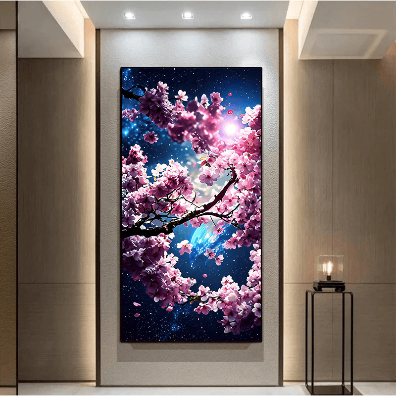 Cherry blossom and starry night sky wall art, pink flowers on dark cosmic background