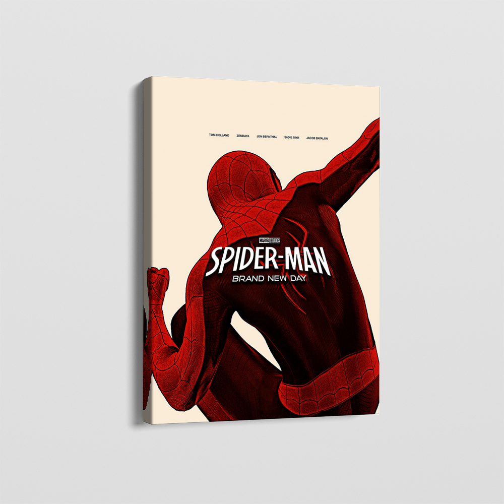 Spiderman brand new day canvas wall art, crouching superhero in red and black comic style