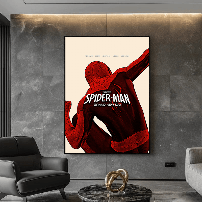 Spiderman wall art, dynamic comic superhero poster in red and black hanging on a dark gray wall above a sofa
