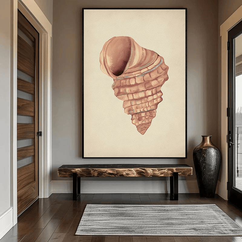 Beige seashell botanical print wall art, natural history study in blush and warm ivory on a black frame in an entryway