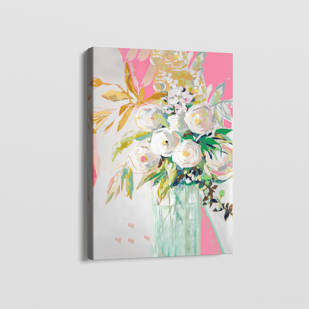Springtime Soiree Floral painting, white blossoms and pale roses in a vase against a pink background wall art