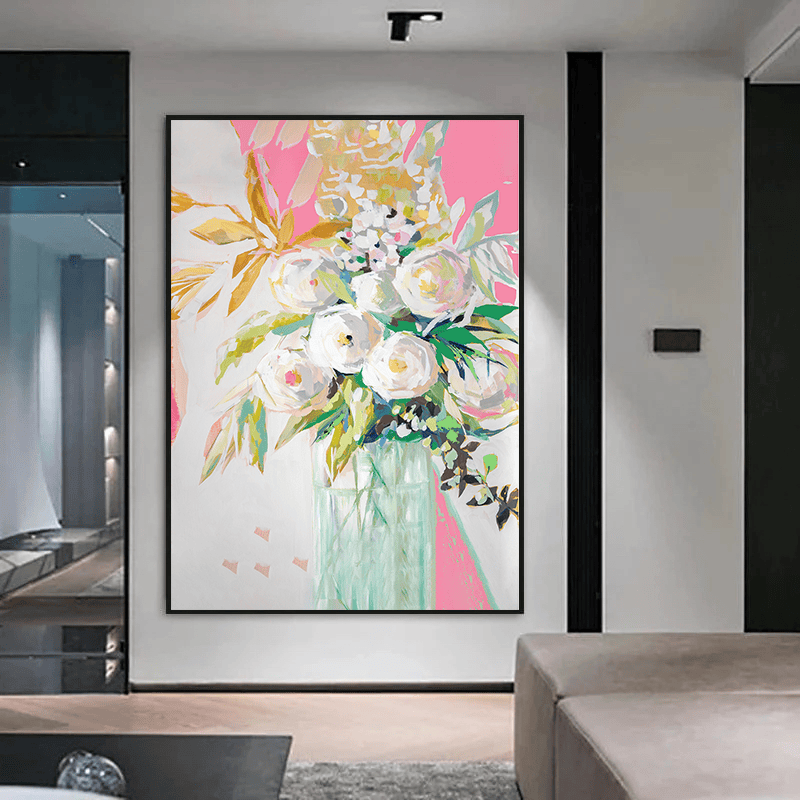 Springtime Soiree Floral wall art, abstract painting of white roses and foliage in a vase