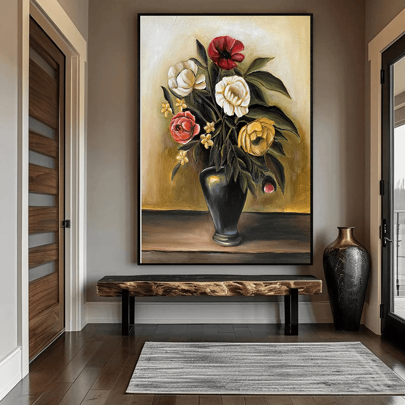 Floral still life wall art, dark ceramic vase holding red, white, and yellow flowers on a warm textured background