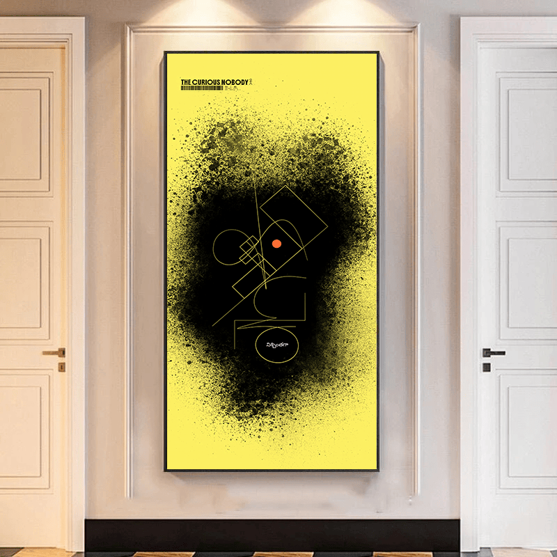 Abstract yellow and black geometric wall art hanging in a hallway between white doors