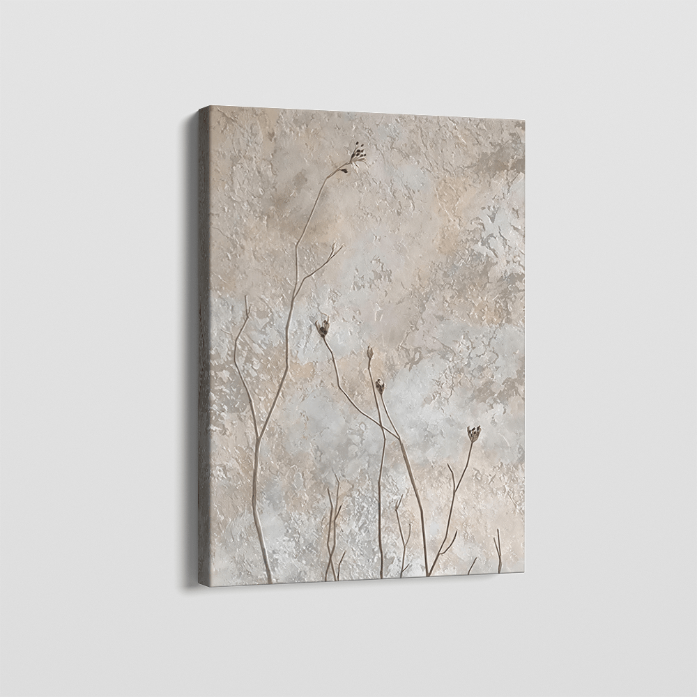 Subtle Twigs canvas wall art, minimalist beige botanical print with delicate stems on textured neutral background