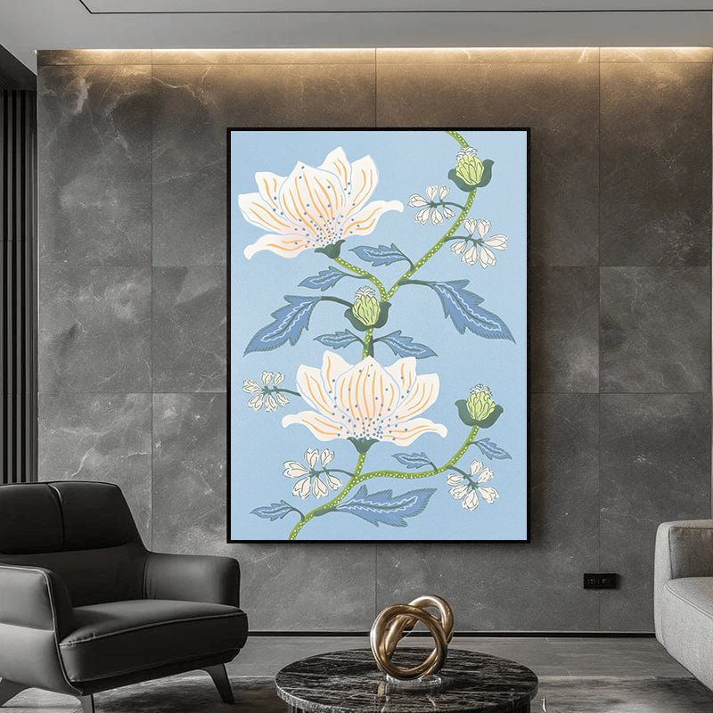 Sunday Garden botanical flower wall art, white and peach blooms with blue leaves on a light blue ground