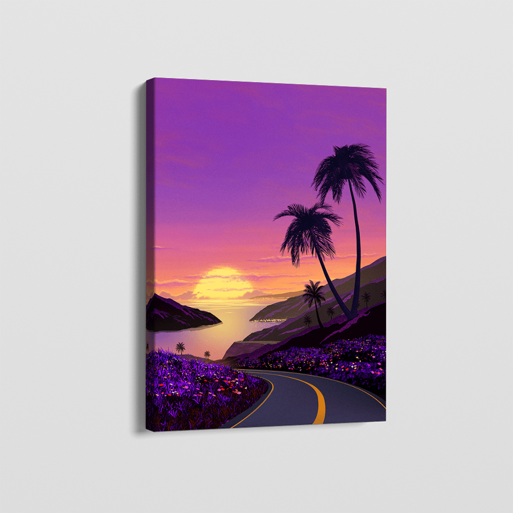 Coastal road and palm trees landscape wall art, purple and gold sunset print