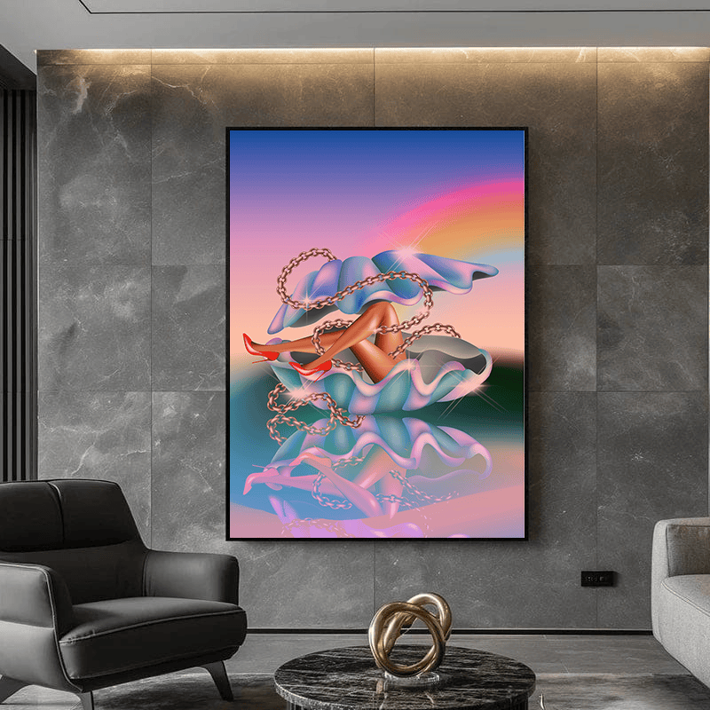 Surreal shell legs surrealist portrait wall art, woman in a giant shell with copper legs and chains under a rainbow sky