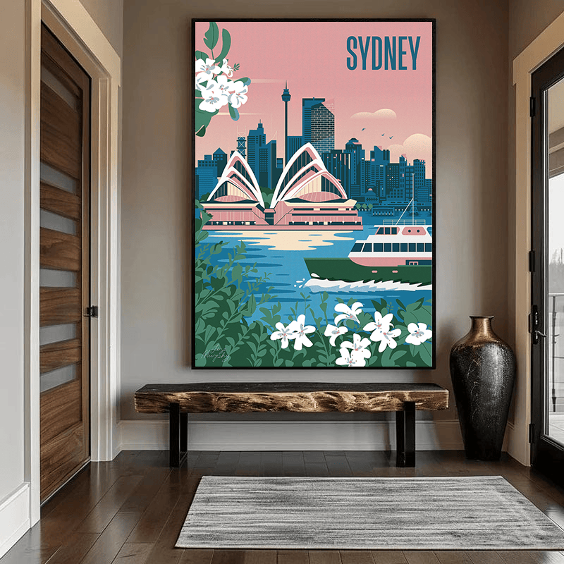 Sydney Ferry wall art, travel print of the Sydney Opera House harbour scene with floral framing