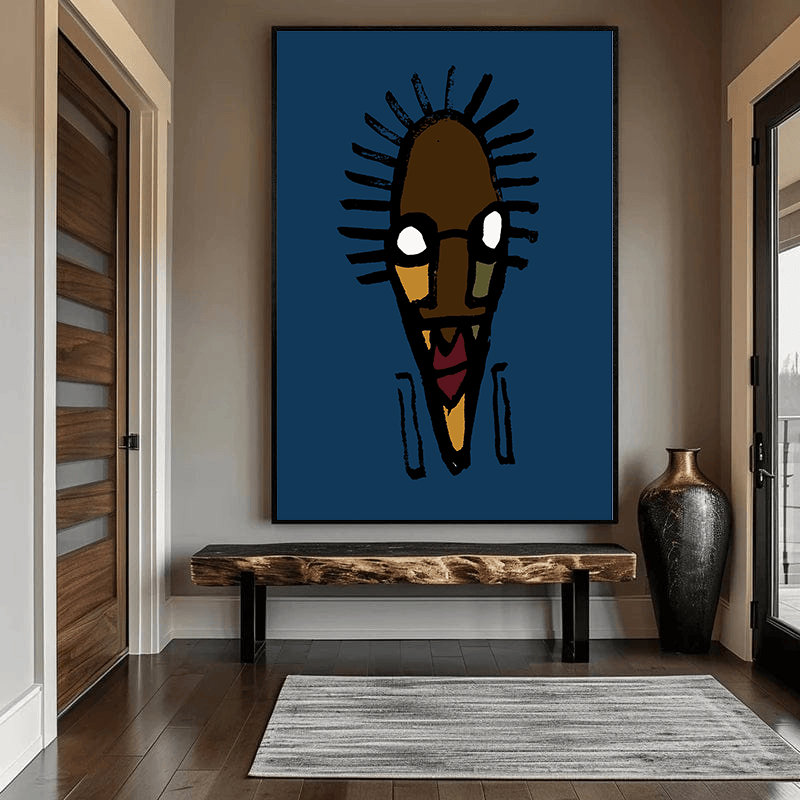 Abstract tribal mask portrait wall art, bold black contours and earthy brown tones on a deep blue ground