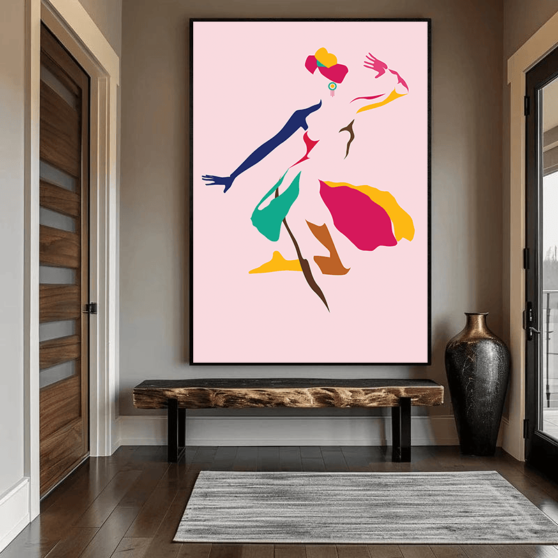 Abstract woman dancing wall art, colorful female figure on pink hanging in an entryway above a dark wooden bench