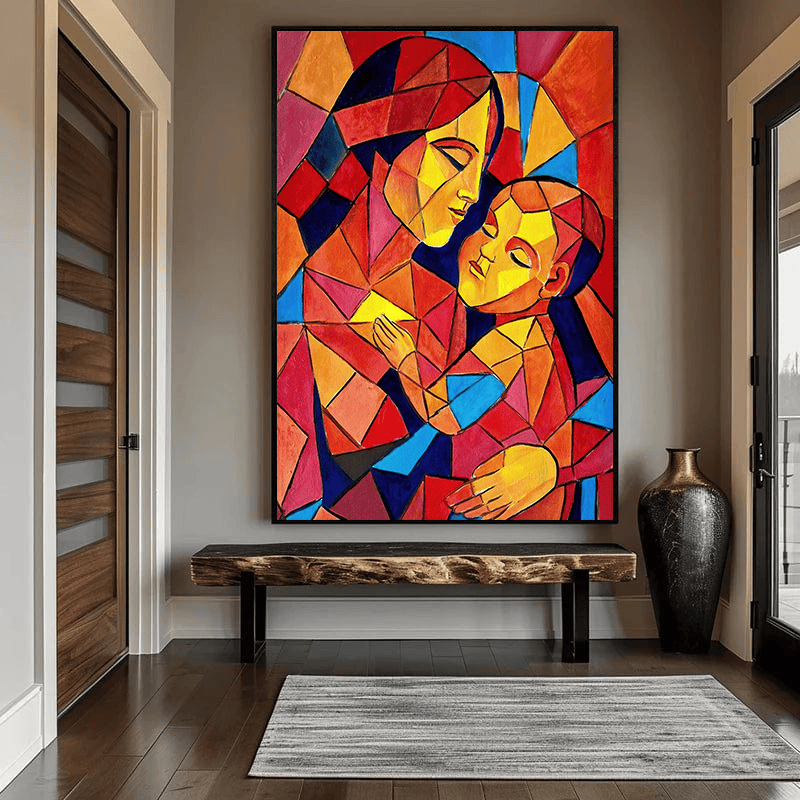 Abstract mother and child cubist portrait wall art in a black frame in an entryway with a wooden bench
