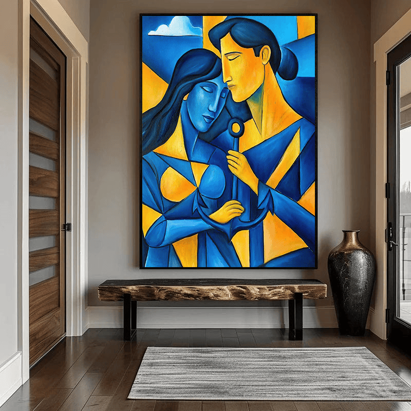 Abstract couple portrait wall art, cubist painting of two intertwined figures in blue and gold tones holding an anchor