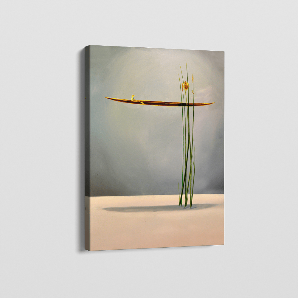 Surreal landscape painting wall art, solitary boat on a calm surface with tall green reeds in a dreamlike setting