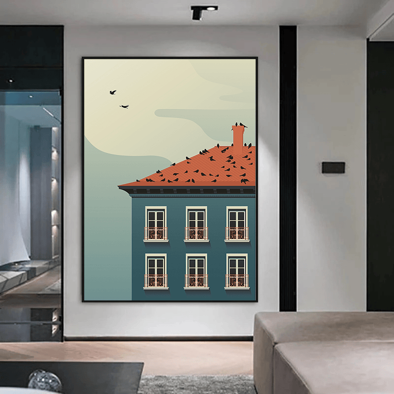 Architectural building wall art print, teal facade and terracotta roof with flying birds under a pale green sky