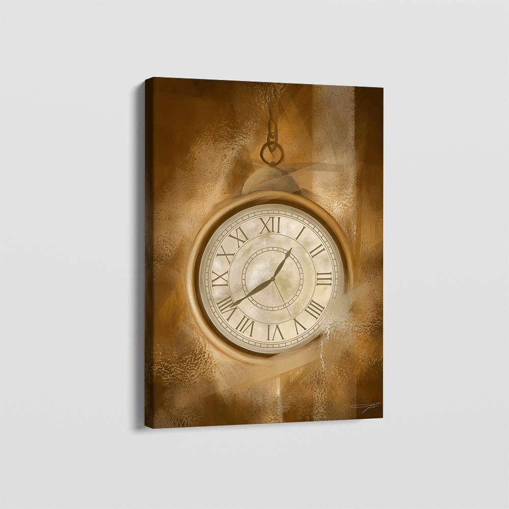 The Mistery Of Time wall art, antique pocket watch painting in sepia tones with Roman numerals