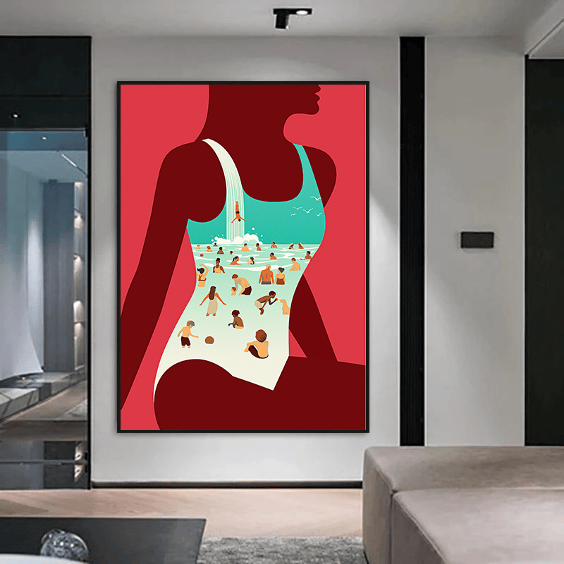 The Plunge wall art, woman in a swimsuit with a miniature summer beach scene inside, red and turquoise poster