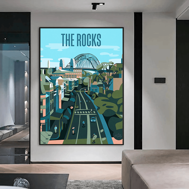Sydney cityscape and bridge wall art, stylized urban landscape painting with blue and green tones