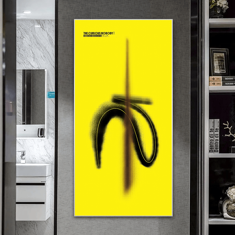 Abstract yellow and black wall art, minimalist painting with bold brush strokes on a bright background
