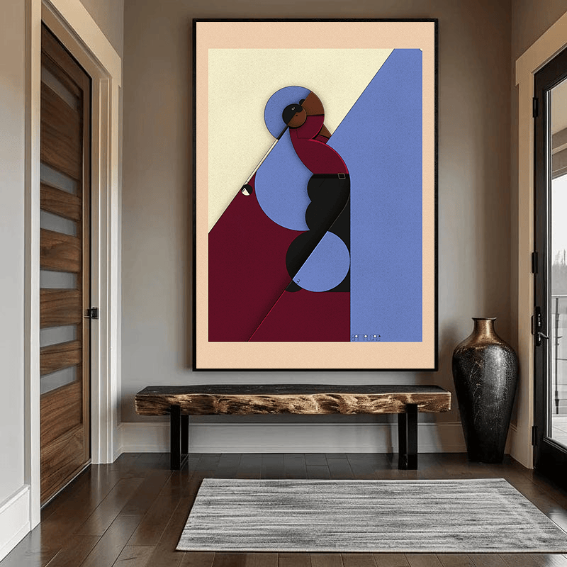 Abstract tiger portrait wall art, geometric composition with burgundy, black, lavender, and cream shapes