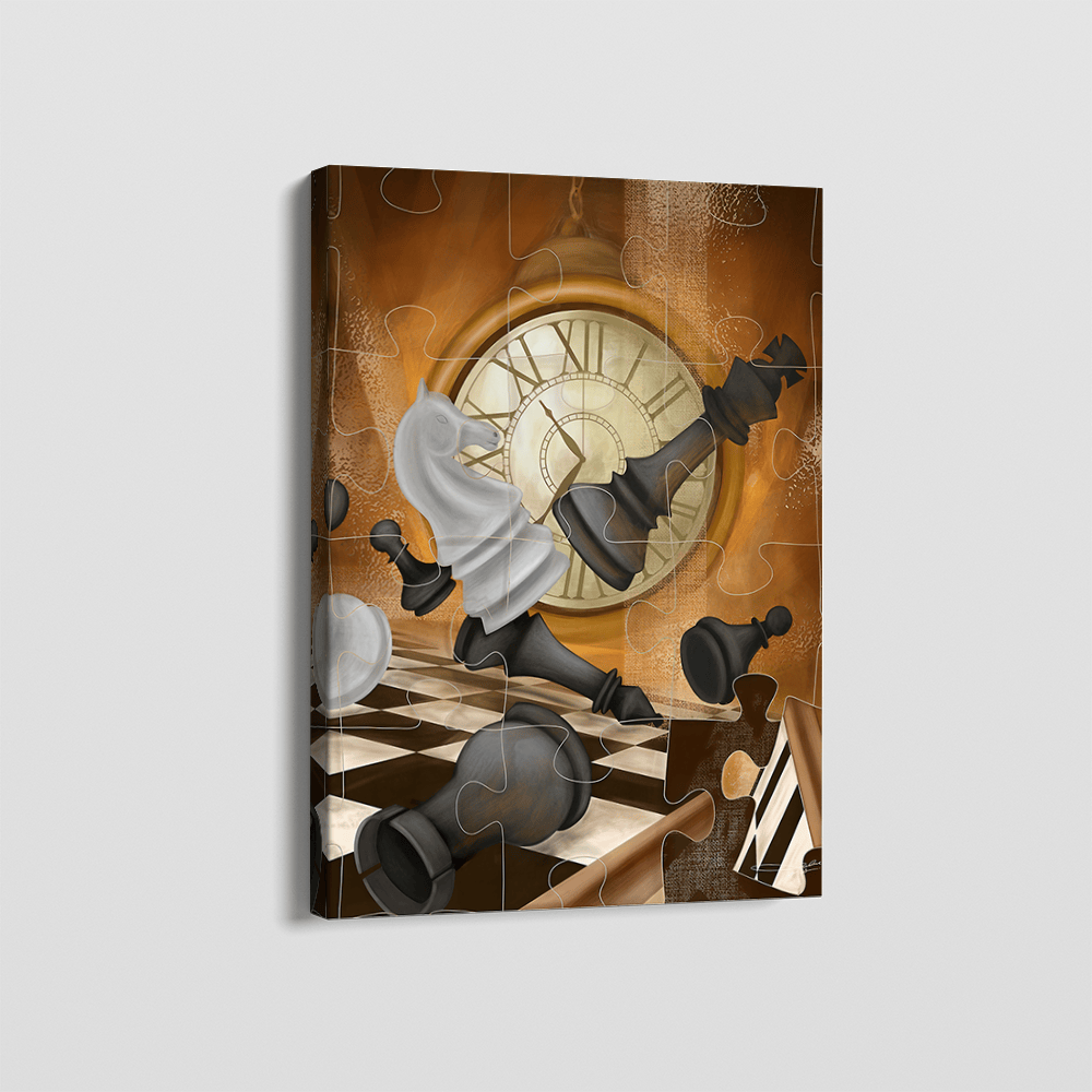 Surreal chess and clock wall art, floating game pieces on a chessboard with puzzle patterns in golden tones
