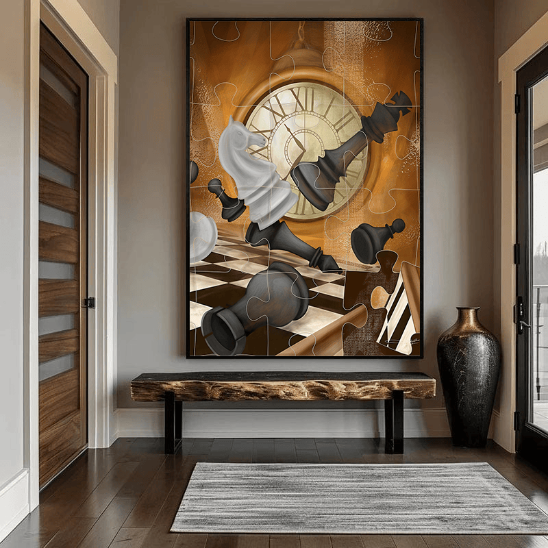 Time Round surreal chess and clock puzzle wall art, floating pieces and golden tones hanging in a hallway above a bench