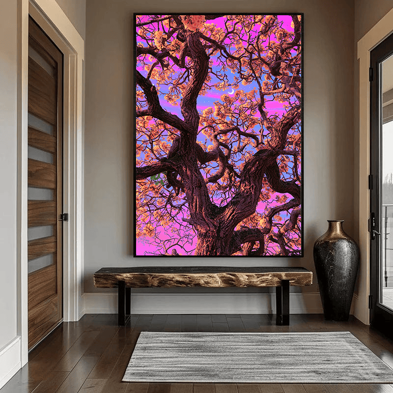 Surreal neon tree landscape wall art, twisting dark tree trunks and amber blossoms under a vibrant pink and violet sky