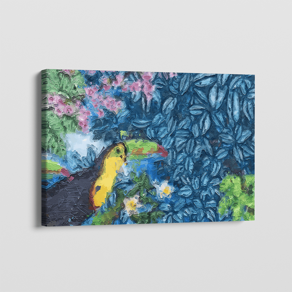 Colorful jungle toucan landscape wall art, vibrant bird among deep blue foliage and pink flowers