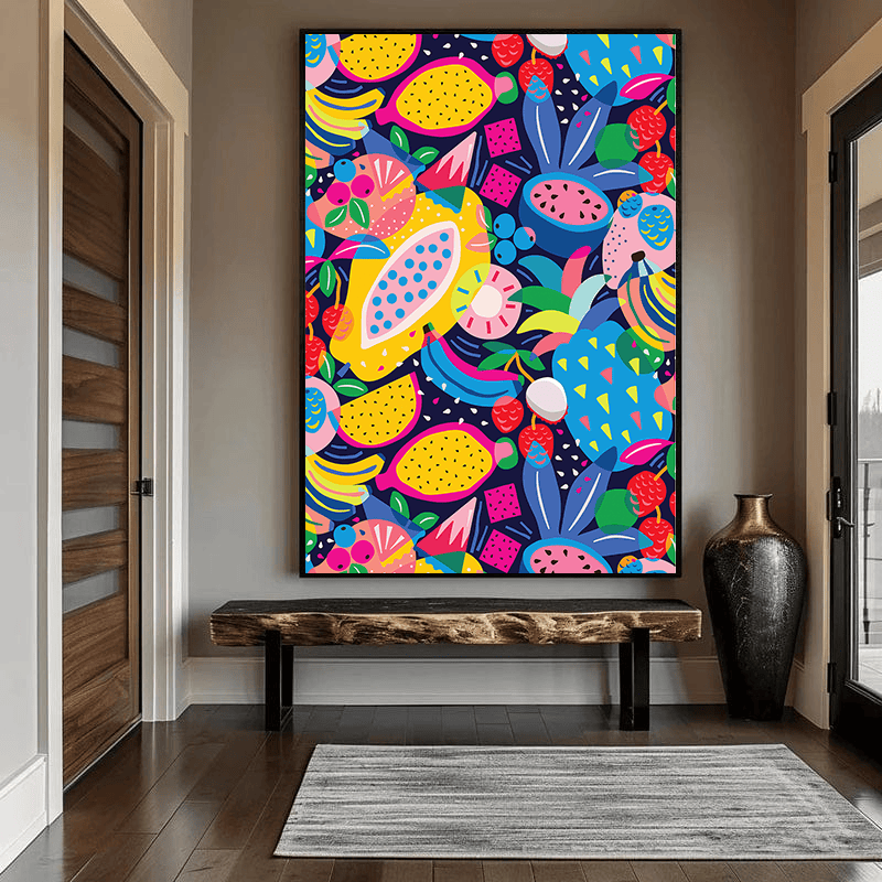 Tropical fruits botanical pattern wall art, vibrant geometric fruit shapes in yellow, pink and blue on a dark navy background
