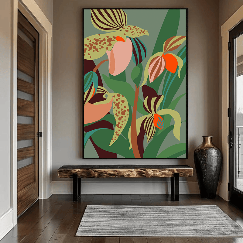 Tropical botanical wall art, green background with stylized pink and orange exotic flowers in a black frame in an entryway