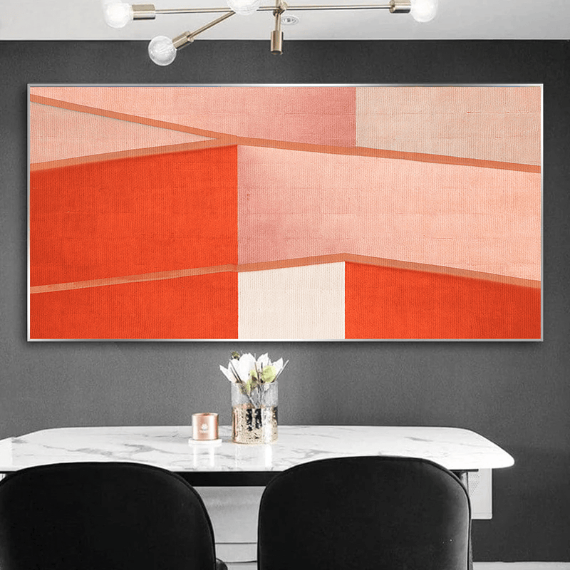 Abstract geometric architecture wall art, layered planes in coral, peach, and orange tones