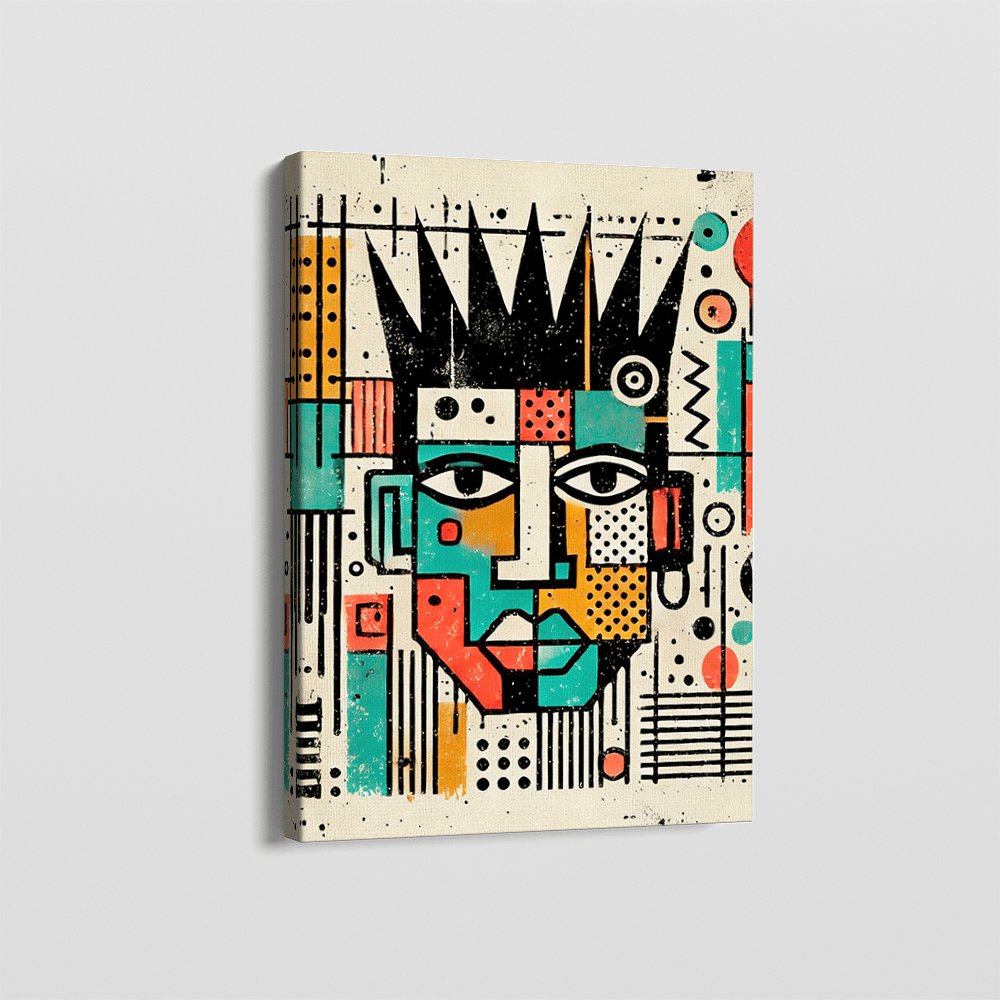 Abstract crowned portrait wall art, geometric face in turquoise, coral and black on a textured canvas