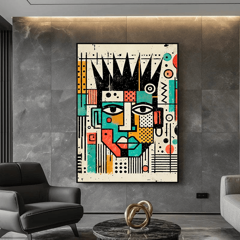 Abstract male portrait wall art, crowned figure in turquoise, coral, orange, and black with geometric shapes and lines