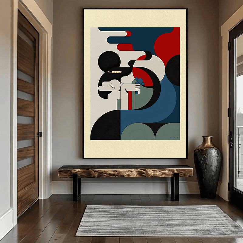 Abstract contemporary figure wall art, geometric composition with bold blocks of black, blue, red, and cream on paper