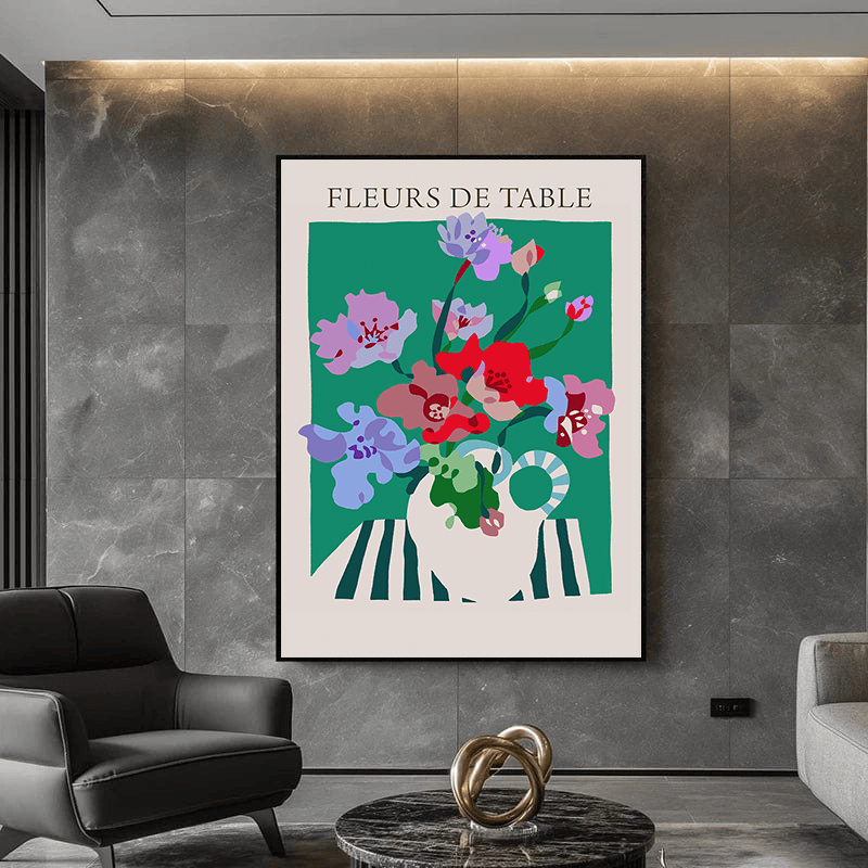 Abstract floral still life wall art, modern vase with colorful blooms on a teal background in a black frame