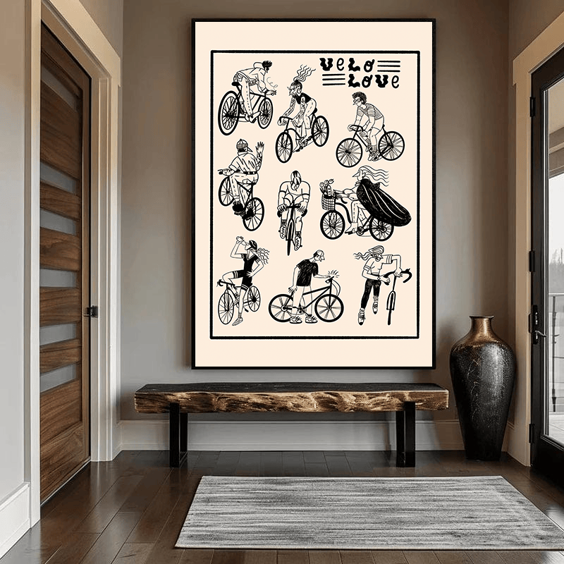 Black and white cycling illustration wall art, fine linework of people riding bicycles on an ivory background