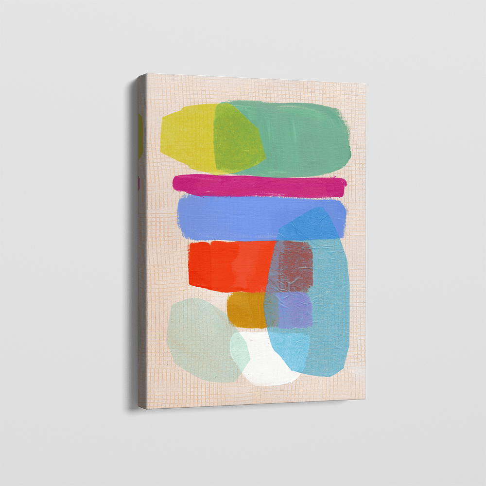 Colorful abstract shapes wall art, layered acrylic forms in mint green, blue and coral on a textured grid canvas