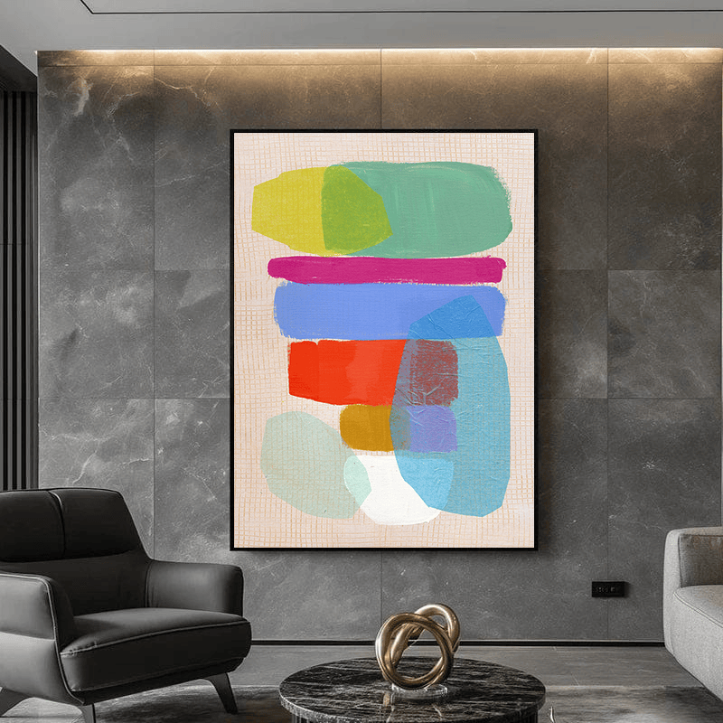 Abstract color block painting wall art with layered organic shapes in bright tones of mint, blue, and coral