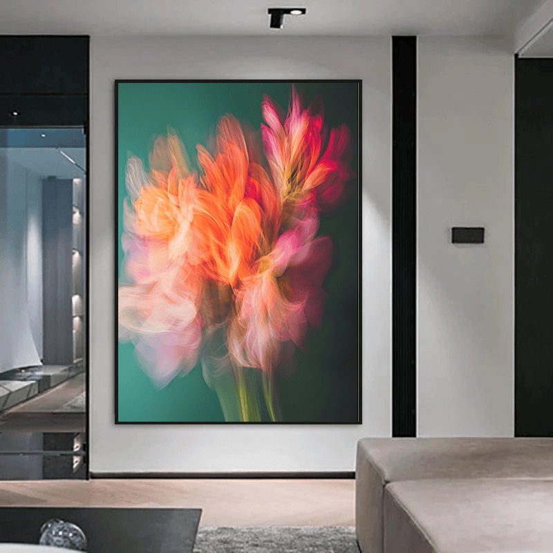 Vibrant floral motion wall art, abstract coral and pink flowers on a deep green background