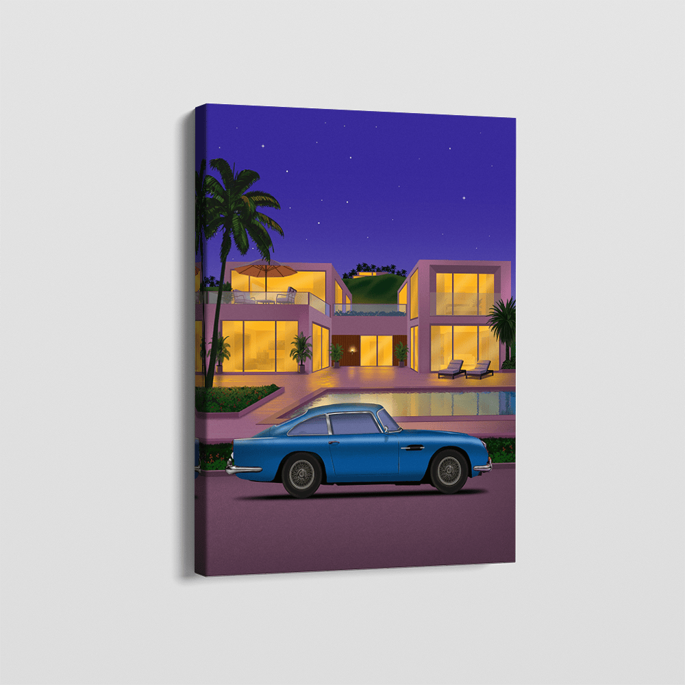 Villa Royale wall art, classic blue car parked in front of a modern illuminated villa with a pool under a starry night sky
