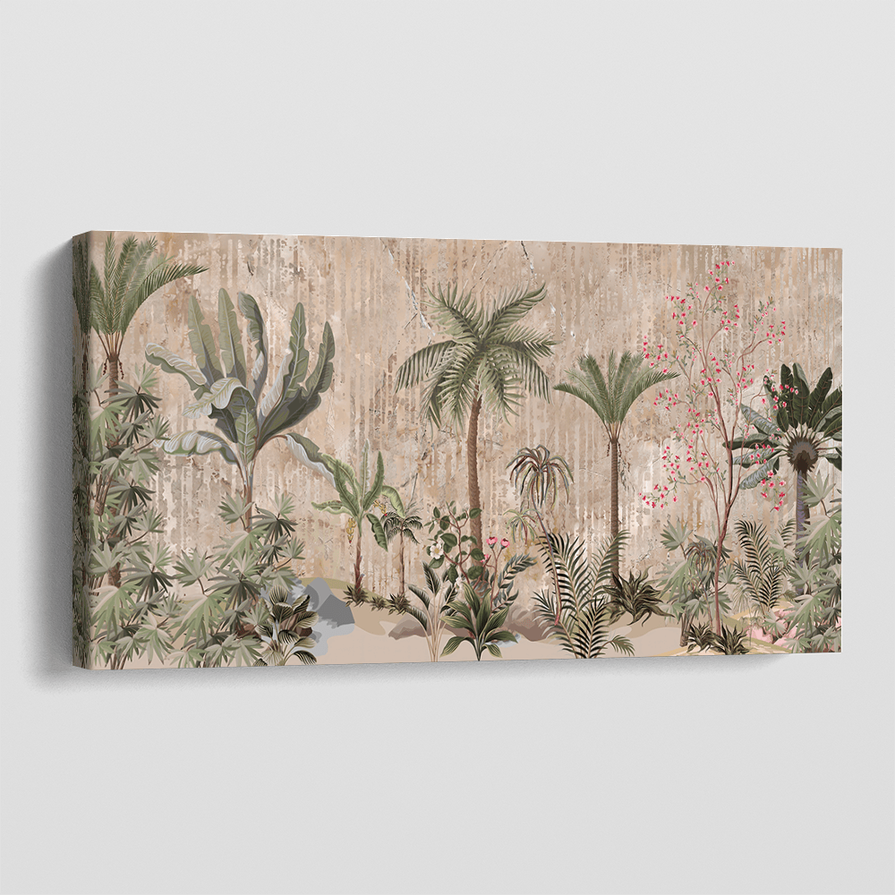 Vintage forest landscape wall art, botanical palm trees and ferns on a weathered earthy background