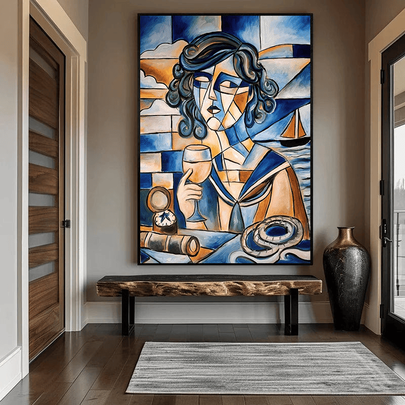 Abstract woman portrait wall art, cubist painting with a woman holding a glass and nautical elements in blue