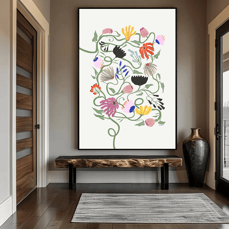 Botanical floral garden wall art print, winding stems and colorful blossoms on a white background