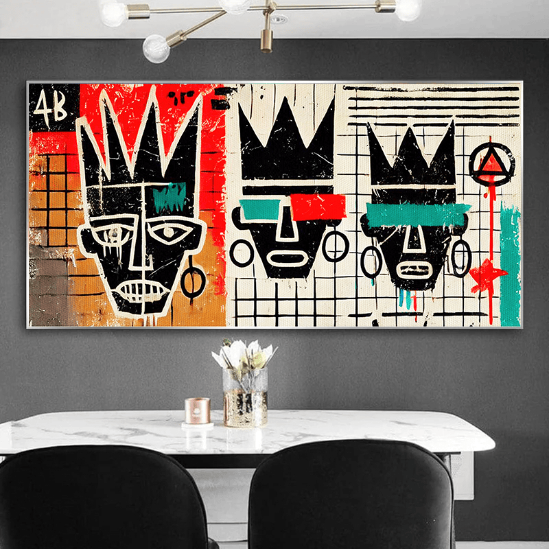 Street art crowned figures wall art, abstract portraits with red, black, and teal details above a dining table