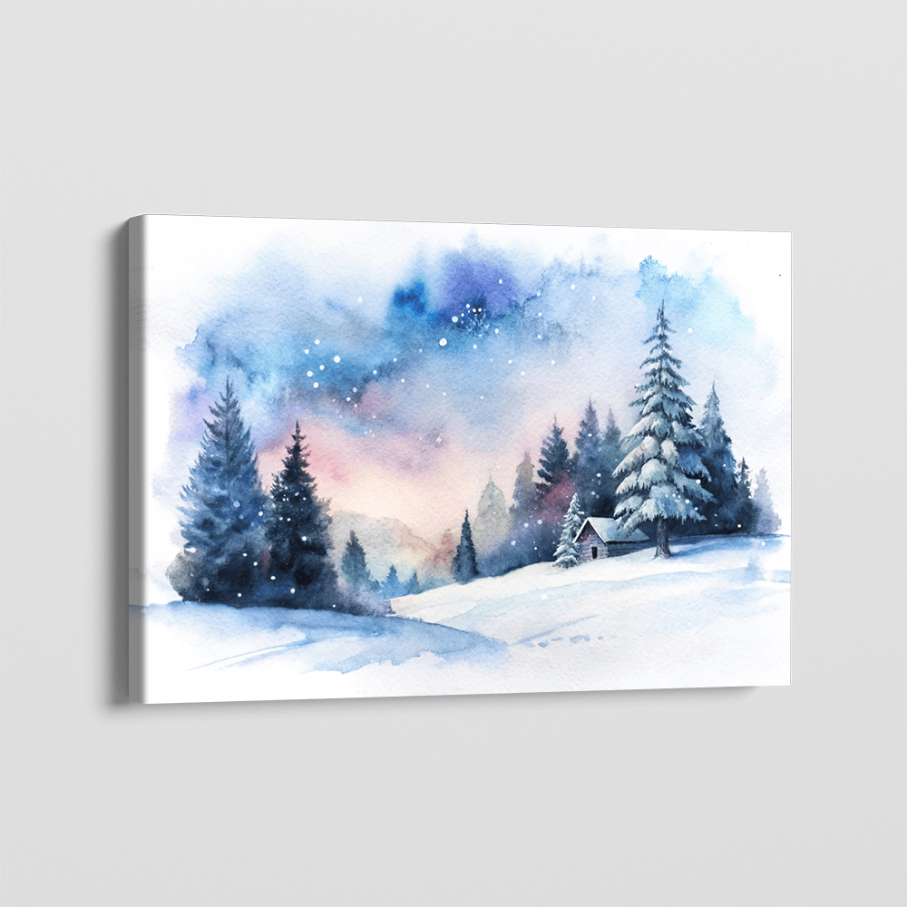 Winter Dream canvas wall art, watercolor snowy evergreen forest and cabin under a starry blue sky