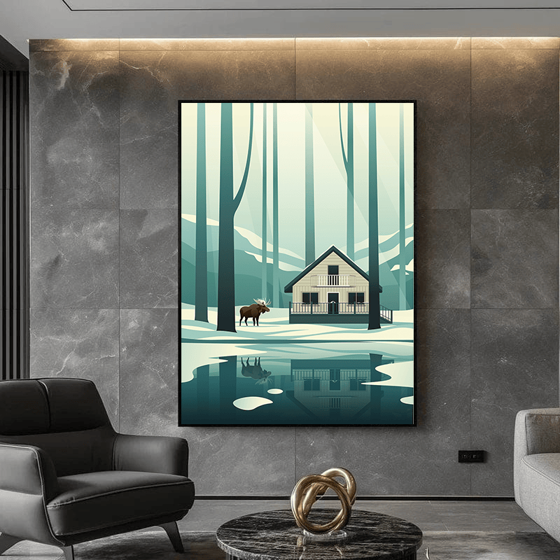 Winter Forest wall art, green snow-covered landscape painting with a cabin and deer by a lake