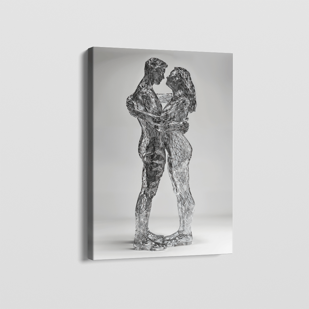 Wire embrace sculpture wall art, couple hugging in a modern wire design rendered in grey and silver tones